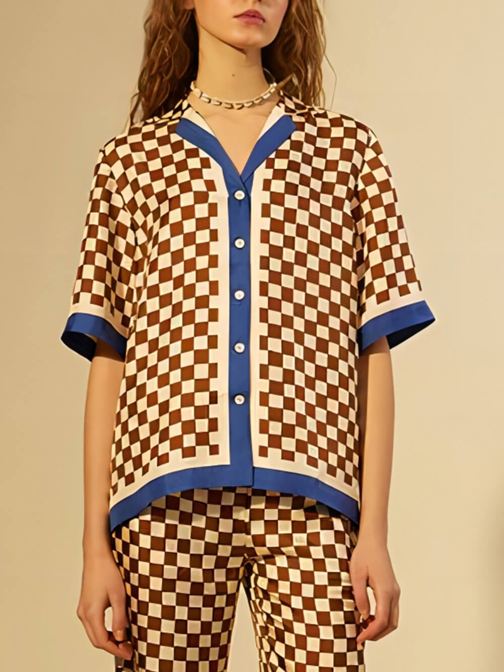 Unik Skakbræt Print Blå Stribe Patchwork Løs Top