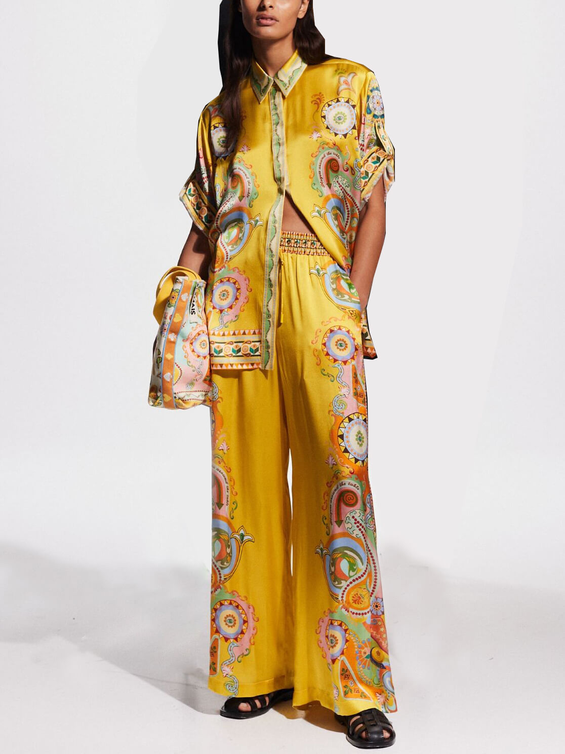 Sofistikeret Satin Unik Cashew Blomstermønster Knap Oversized Skjorte