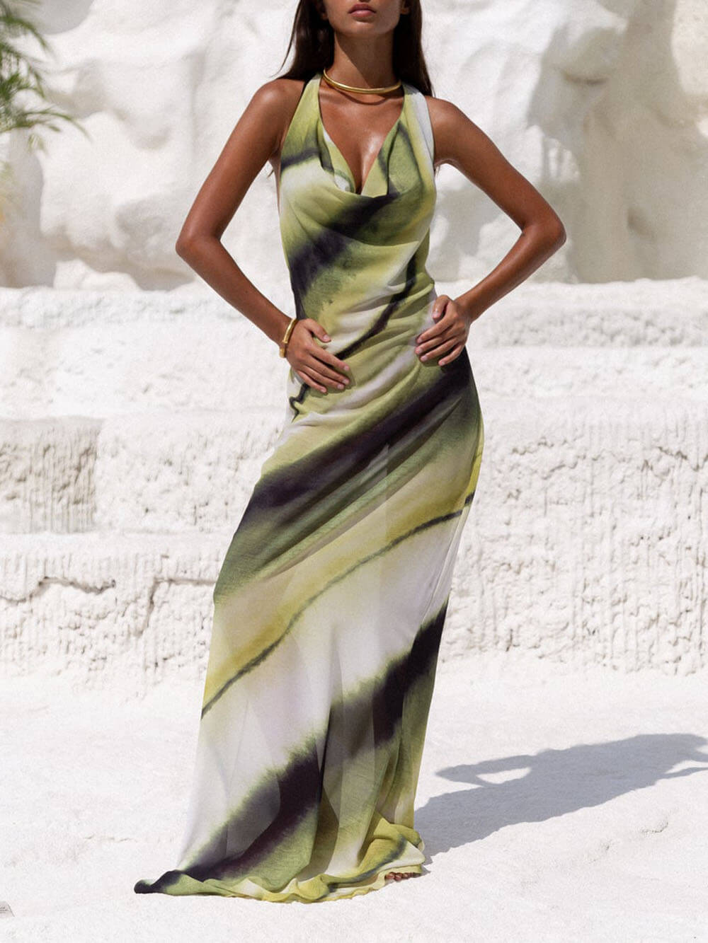 Klassisk Tie-Dye Gradient Trykt Cowl Neck Halter Tie-up Ferie Maxi Kjole