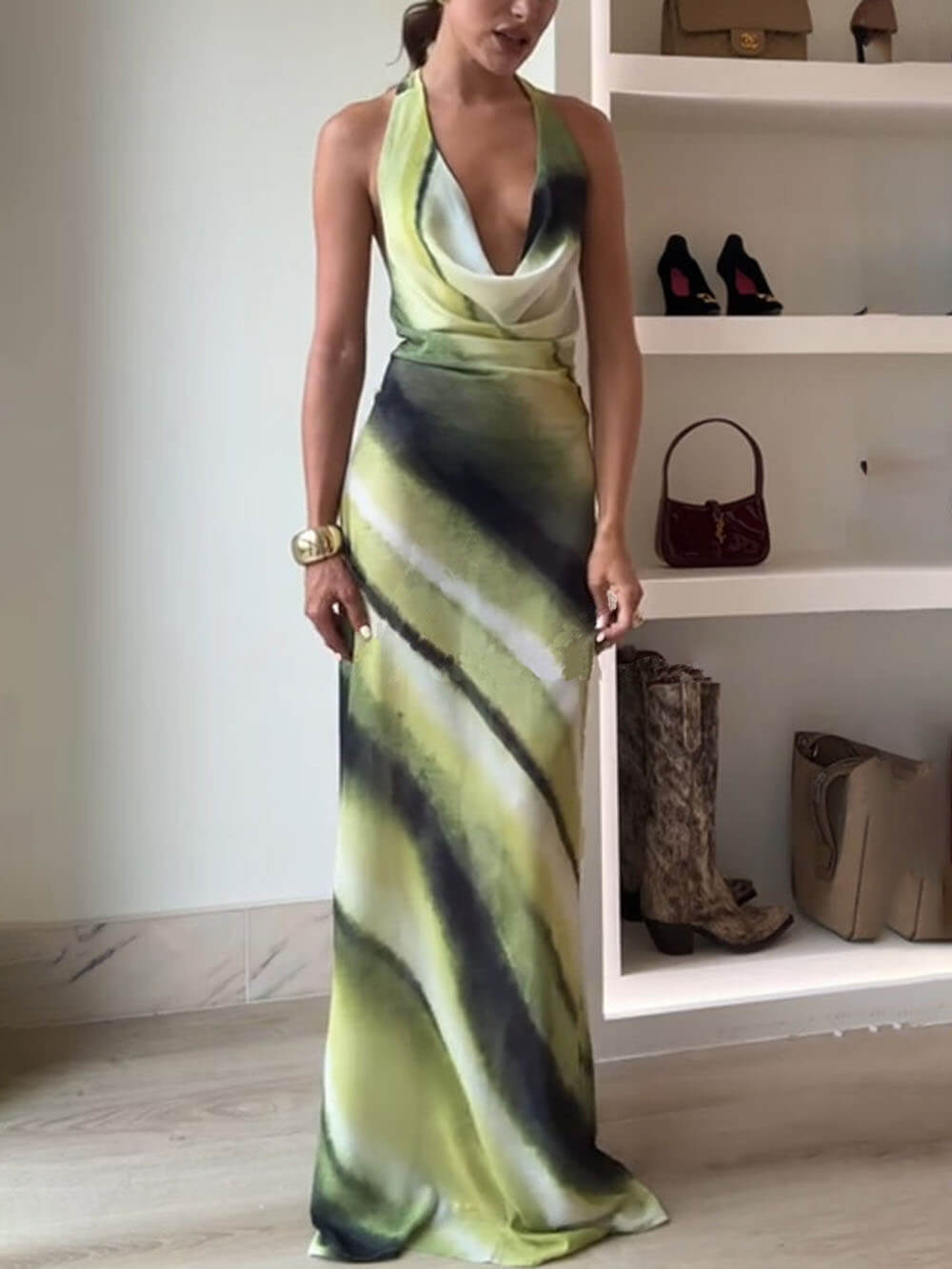 Klassisk Tie-Dye Gradient Trykt Cowl Neck Halter Tie-up Ferie Maxi Kjole