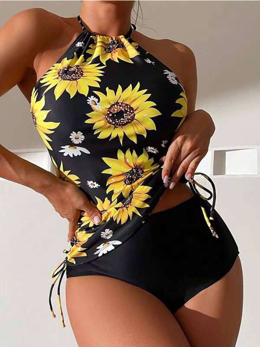 Solblomst Print Halterneck Drawstring Tankini Sæt