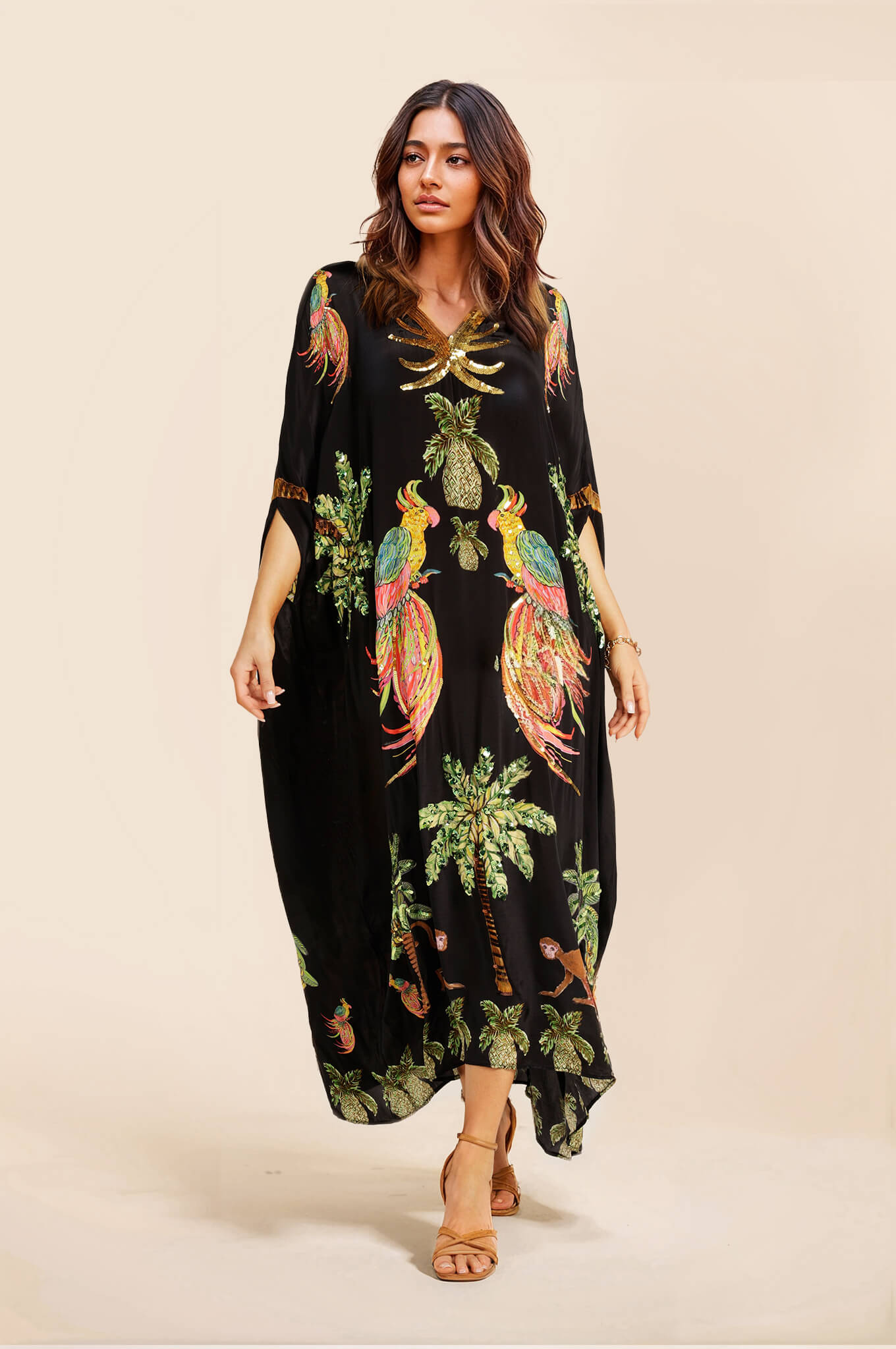 Unik Drop Shoulder Sleeve Kokosnødstræ Trykt Kjole