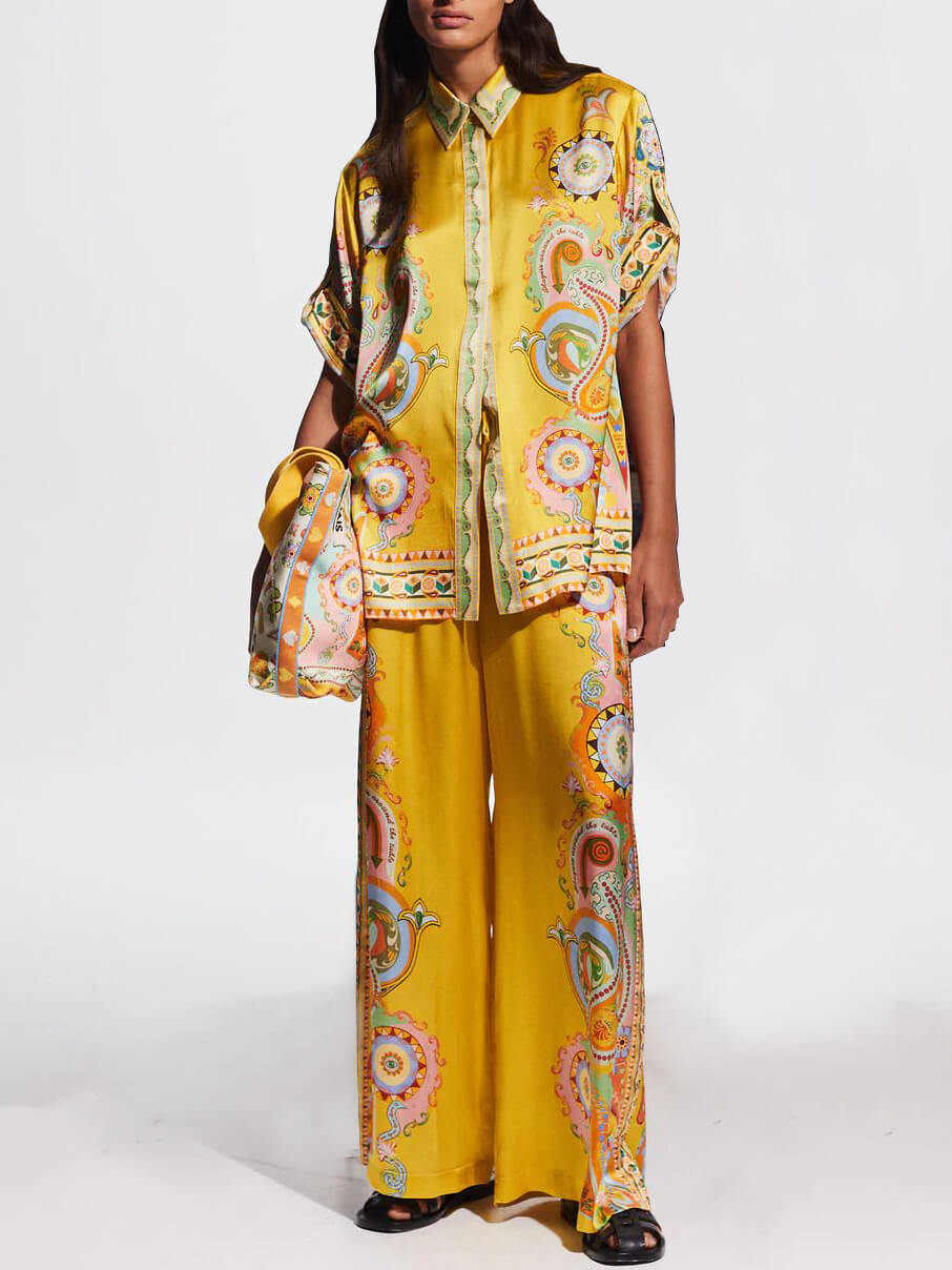 Sofistikeret Satin Unik Cashew Blomstermønster Knap Oversized Skjorte
