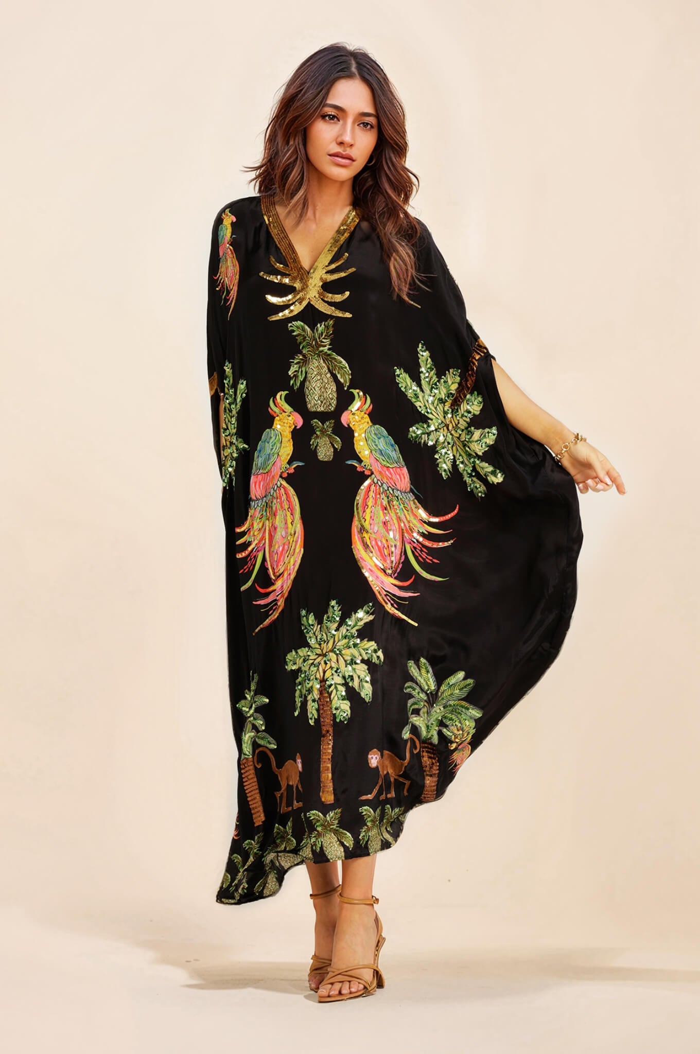 Unik Drop Shoulder Sleeve Kokosnødstræ Trykt Kjole