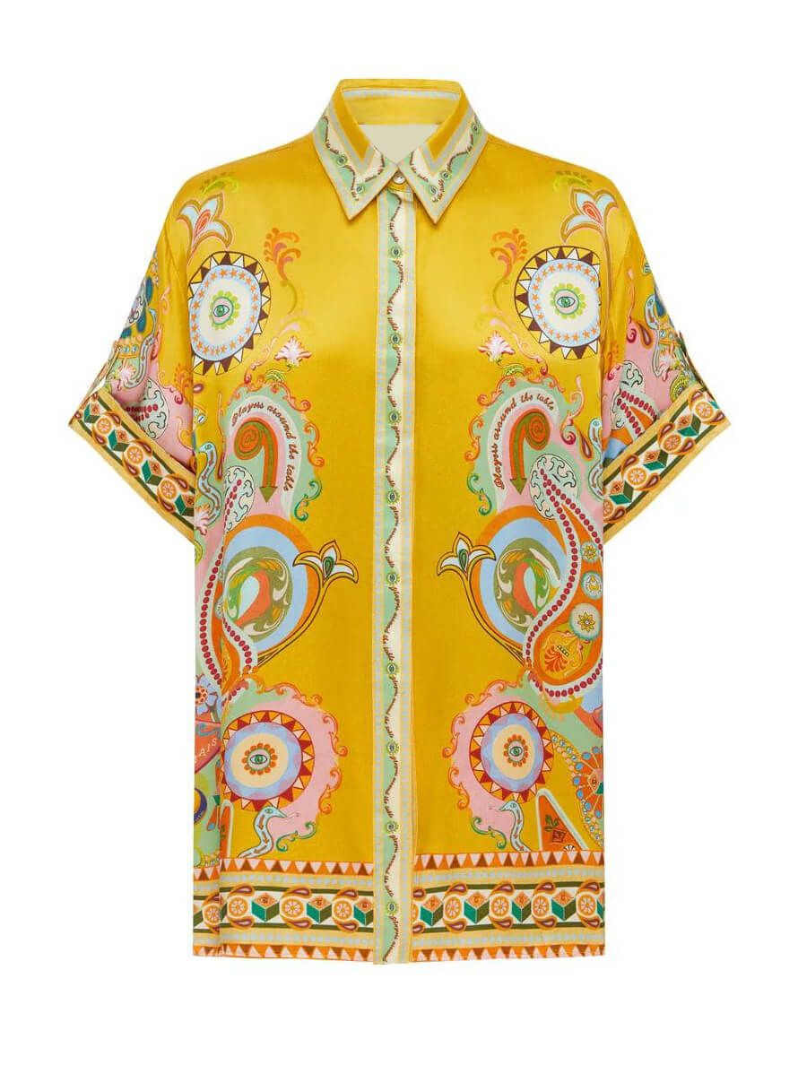 Sofistikeret Satin Unik Cashew Blomstermønster Knap Oversized Skjorte
